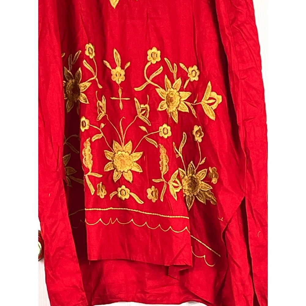 Asha Red Gold Floral Embroidered Tunic Dress Rayon Short Sleeve Boho One Size - Picture 3 of 16